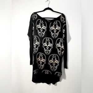 NEW Thomas Wylde Silk Skull Black Tan Long Sleeve Tunic Blouse Top
